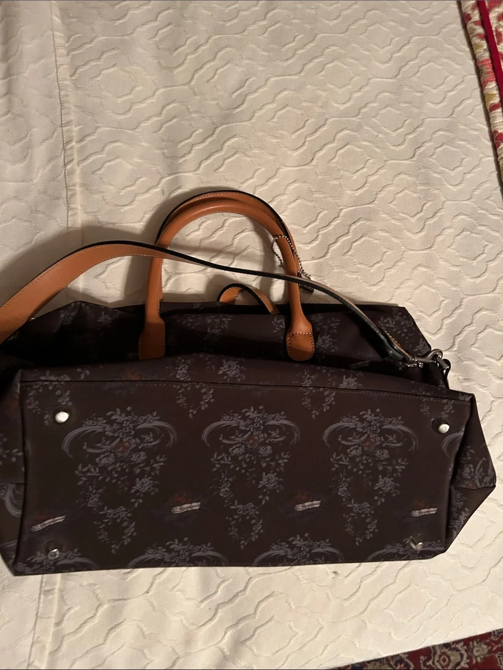 Structured Brown Satchel with Tan Handles and Detachable Strap